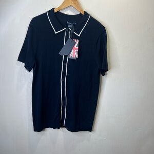 FRENCH CONNECTION Tipped Knitted Button Through Polo In Navy Size M